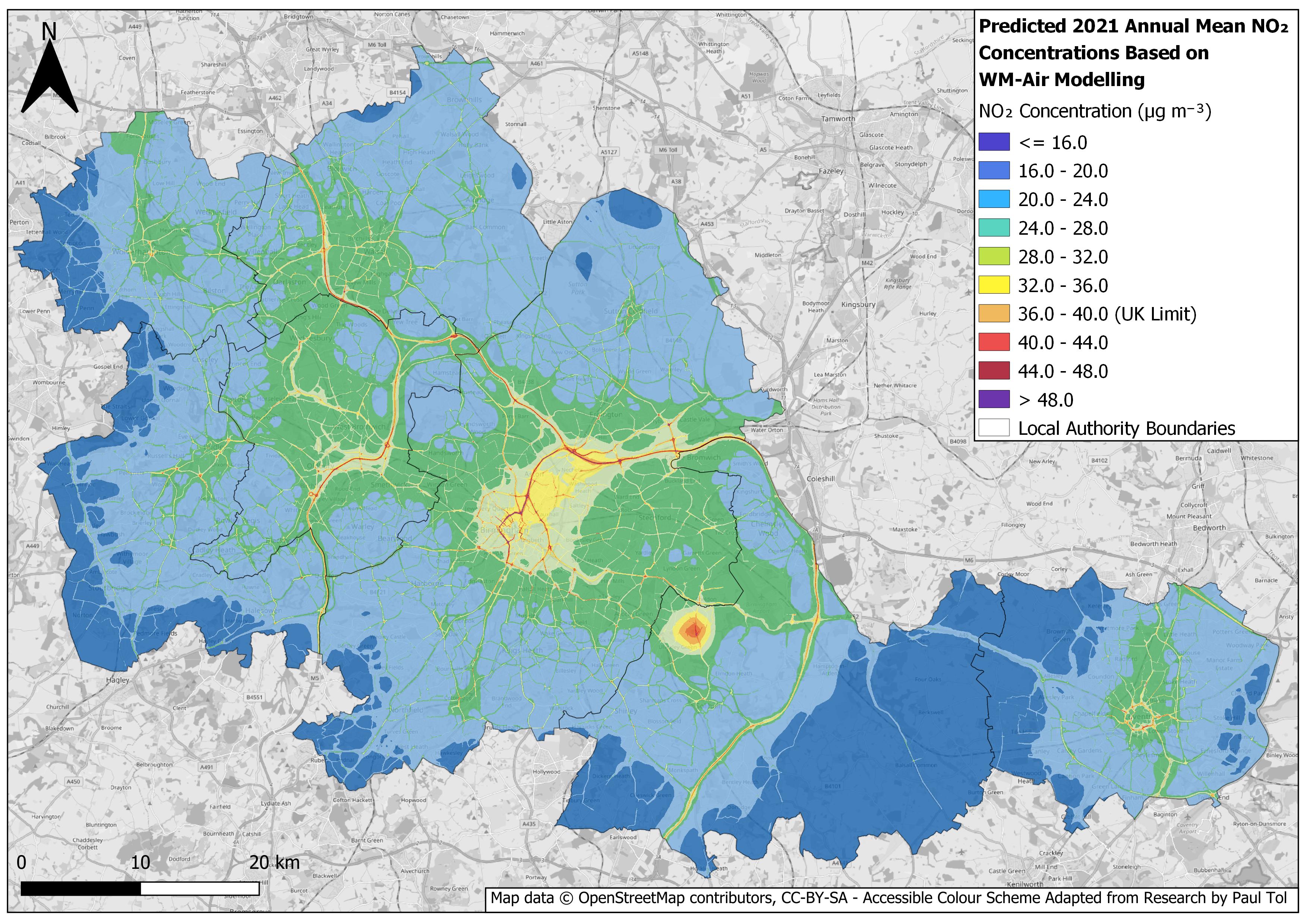 A map showing the predicted annual average concentrations of Nitrous Dioxide (NO2) levels in 2019. The map shows that the highest concentrations are mainly concentrated around main roads, such as the M6, which we would expect. More information is below.