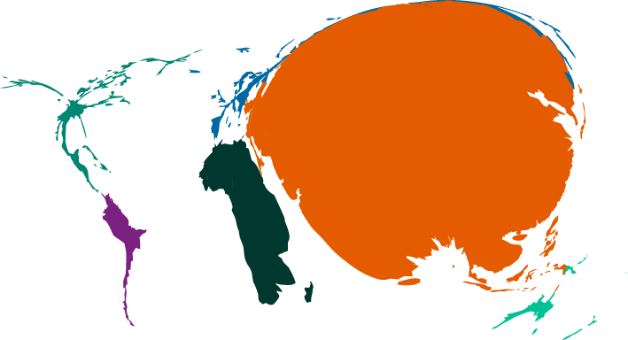This map of the globe has resized each country to represent the scale of risk facing each nation due to climate change. This contrasts with the previous version of the map as the poorest countries face the greatest level of climate risk.