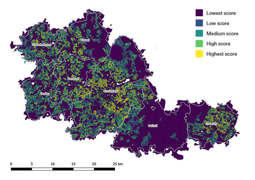 The map details concentrations of population density based on 2021 census data. This map shows that more people live in urbanised areas, with fewer people living in rural outskirts.