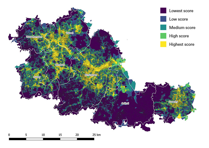 The map details where a combination of climate hazards, including high temperatures, flood risk and poor air quality, are concentrated across the West Midlands. The map shows the highest concentrations of hazard-related risks are concentrated around built-up urban centres and near rivers. High scores are spread across the region, and the rural nature of Solihull leads to the low scores the borough receives when compared to the rest of the region.