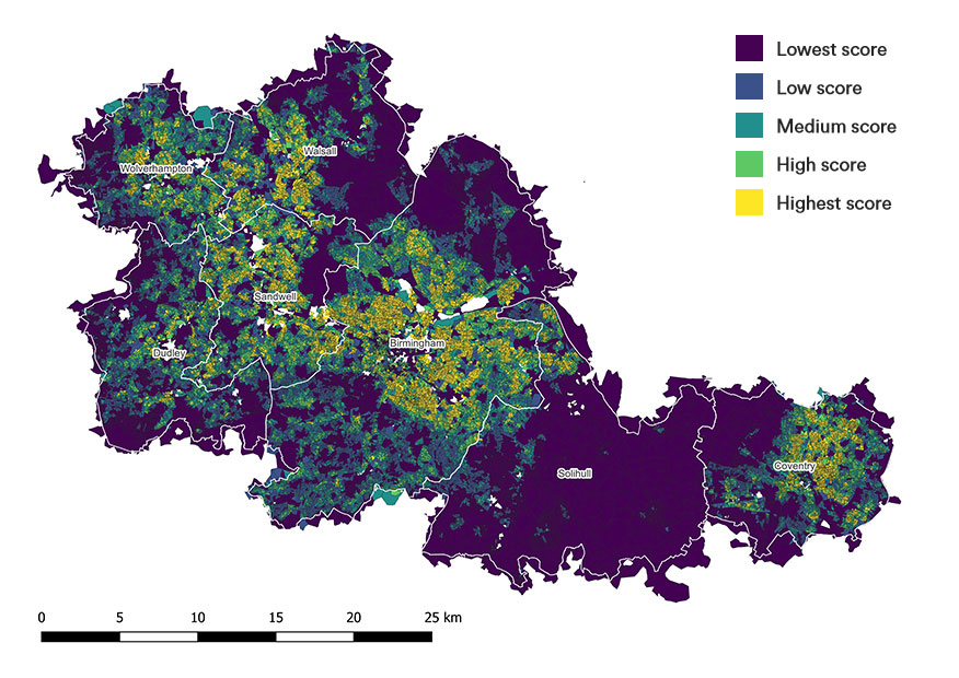 The map details concentrations of overall climate risk and vulnerability based on a combination of the hazard, vulnerability and exposure maps in the earlier tabs. The map shows that the highest concentrations are in urban centres, notably close to city and town centres. East Birmingham, the North East of Coventry, the centre of Dudley, the centre and North of Sandwell, the North West of Solihull, the West of Walsall and the centre of Wolverhampton all score high when hazard, vulnerability and exposure scores are combined.