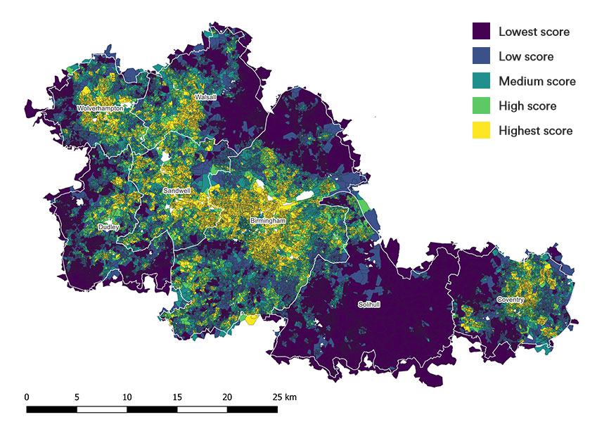The map details where overall socio-economic-based vulnerability is concentrated across the region. The map shows areas of economic and health deprivation to be concentrated in urban centres. Unlike the combined hazard map, these concentrations are less related to proximity to water bodies and the nature of the built environment.
