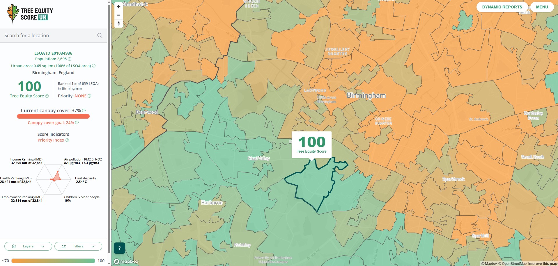 This screenshot from Tree Equity Score UK shows the tree equity scores given to a selection of areas in Birmingham. The image shows the scores given to a high scoring, more affluent LSOA (Edgbaston). The diagram shows that Edgbaston has 37% tree canopy cover, exceeding the goal of 30%. The map also shows the average air pollution, health benefits, temperature and income rates associated with the location. This demonstrates a correlation between these wider outcomes and the amount of canopy cover in a given area.