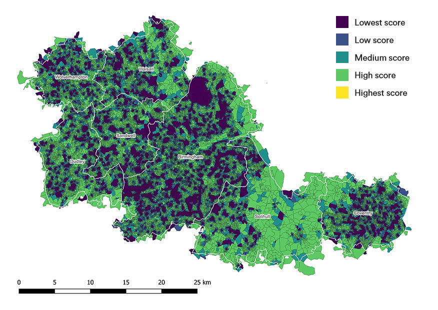 The map details concentrations of where public access to open green spaces is lacking. Open green spaces are those that are not considered to be 'private' land and allow private access. The map shows that while rural areas have significant green space coverage, this is not necessarily considered 'open' for public access. For example, much of Solihull and the outskirts of Coventry and Birmingham have high proportions of green space but these are not open to the public. The lowest rates of open green space deficit are spread across the local authorities and include public parks and recreational grounds which can located in both urban and rural areas.