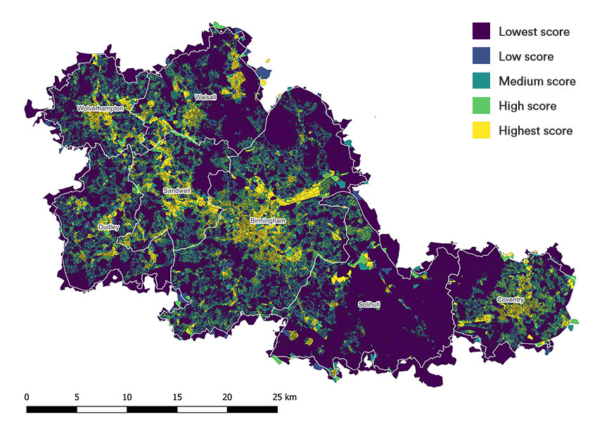 The map details concentrations of where private green space is lacking. This includes spaces like private gardens and farming land. Most of Solihull, the North of Birmingham, the South East of Walsall and the outskirts of Coventry score low on private green space deprivation due to the land available for agriculture and garden sizes. More densely populated urban centres, such as those in central Birmingham, Coventry, Dudley, Sandwell and Wolverhampton, score high in terms of the lack of private green space.
