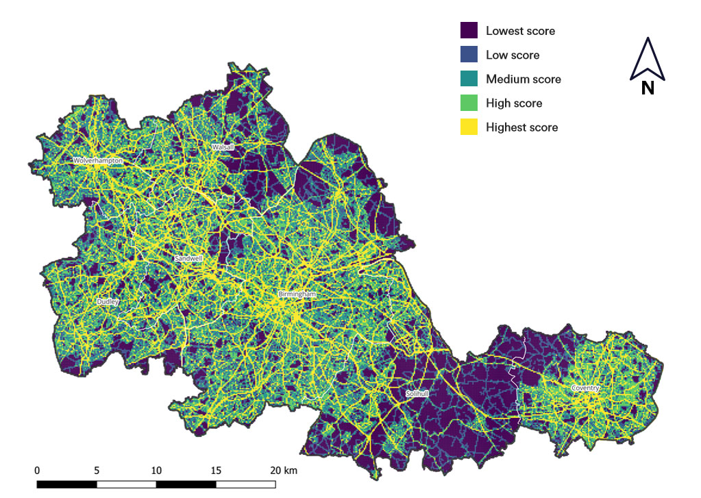 This map details concentrations of climate risk and vulnerability across the West Midlands transport network. The key route networks, main roads and notably motorways across the region score high due to their criticality to the wider system and their vulnerability to surface water flooding and road melt. Infrastructure in flood plains score particularly high and routes in urban centres, with more frequent transport services, also score higher than areas with fewer services and lower population rates.